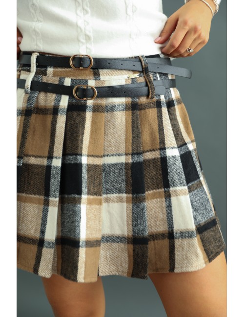 Kockás Szoknya Short Béléssel - Bézs