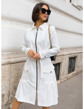 Elastic Zip Front Dress-Coat - White