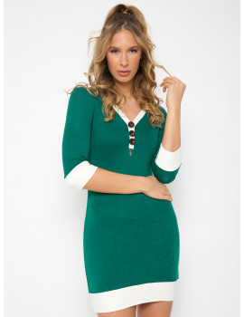 Knit Dress with Buttons - Emerald Green
