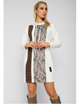 SHERLEY Print Dress with Faux Leather Detail - White