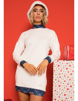 CLARETTE Knit Dress/Tunic - White (Blue Print)
