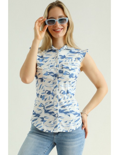 LEAH Sleeveless Shirt - Blue-White