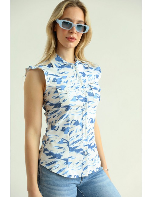 LEAH Sleeveless Shirt - Blue-White