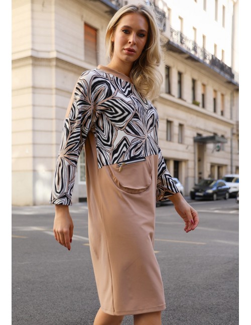 ALMILA Mintás Ruha Zsebbel - Bézs