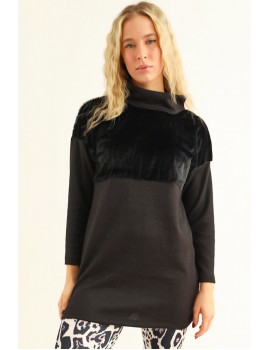 DIANTHE Faux Fur Knit Tunic - Black