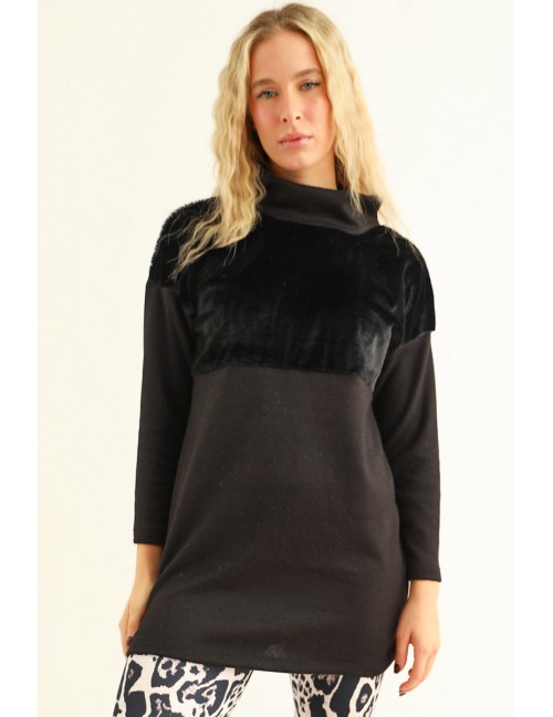DIANTHE Faux Fur Knit Tunic - Black
