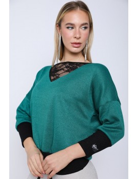 ELEONORA Kötött Felső Csipke Részlettel - Fenyőzöld