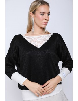 ELEONORA Kötött Felső Csipke Részlettel - Fekete