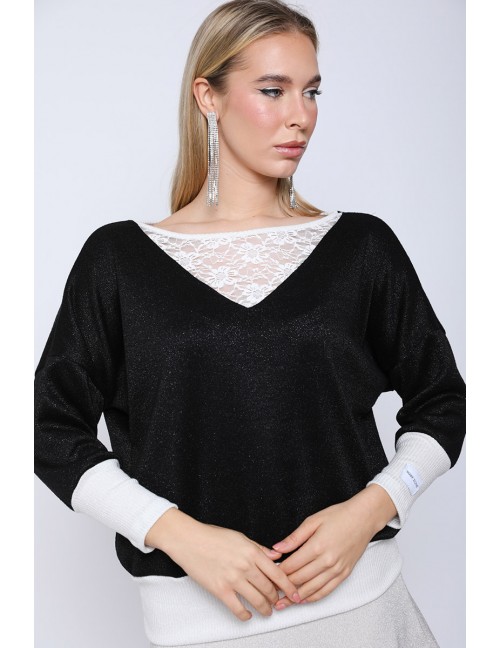 ELEONORA Kötött Felső Csipke Részlettel - Fekete