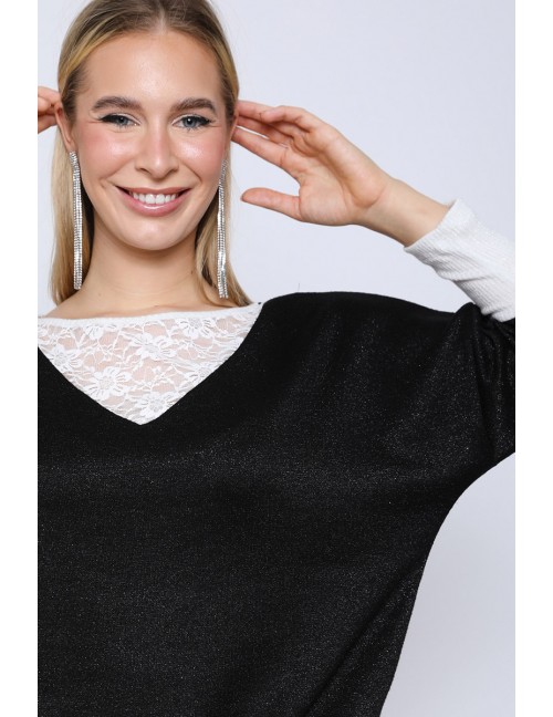 ELEONORA Kötött Felső Csipke Részlettel - Fekete