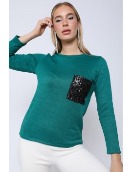 ELEONORA Knit Jumper with Sequin Pockets - Pine Green