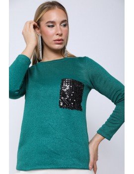 ELEONORA Knit Jumper with Sequin Pockets - Pine Green