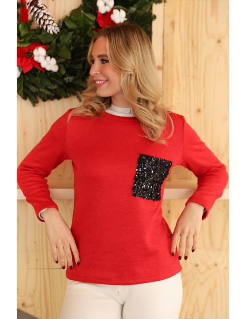 BRAELLYN Kötött Felső Flitteres Zsebbel - Piros
