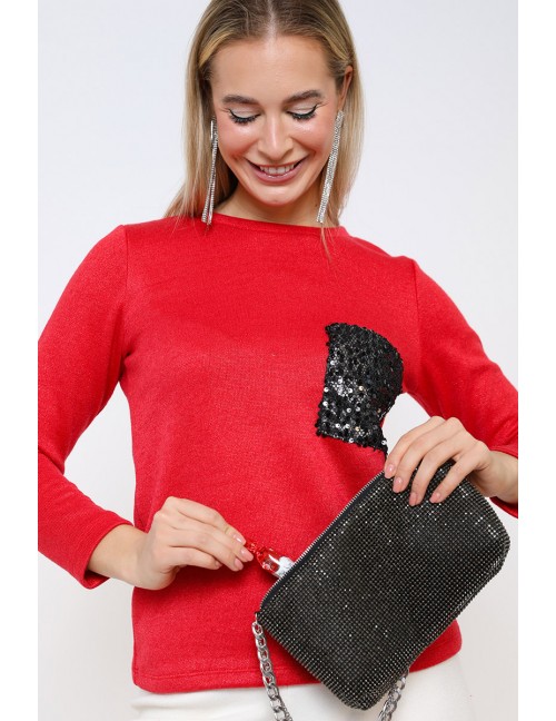 BRAELLYN Kötött Felső Flitteres Zsebbel - Piros