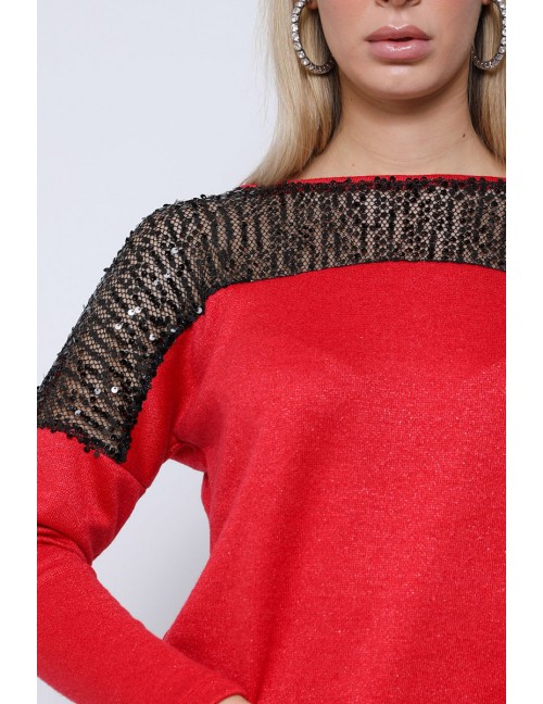KAROLINA Flitteres Kötött Pulóver - Piros