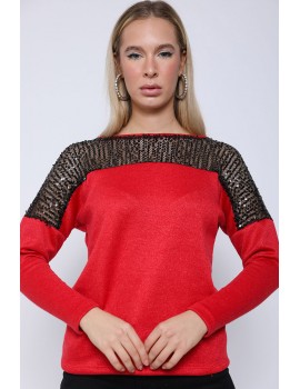 KAROLINA Flitteres Kötött Pulóver - Piros