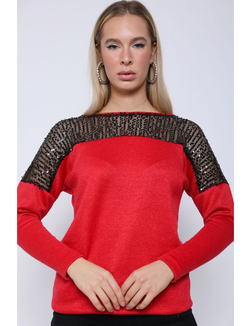 KAROLINA Flitteres Kötött Pulóver - Piros