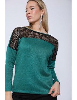 KAROLINA Flitteres Kötött Pulóver - Fenyőzöld