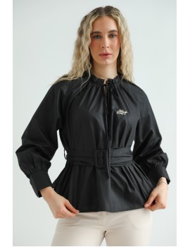 Embroidered Poplin Top - Black 