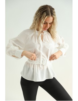 Húzott Hímzett Puplin Felső - Fehér