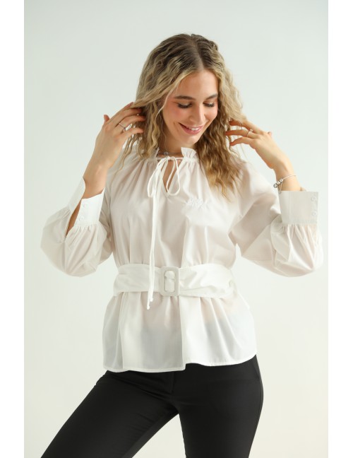 Húzott Hímzett Puplin Felső - Fehér