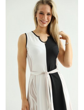 MINNIE Dress with Belt - Beige Print with Black