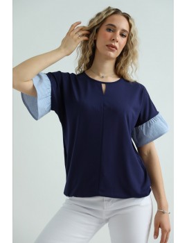 PENNY T-Shirt with Poplin Sleeves - Navy