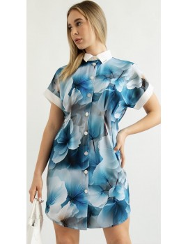 ELEONORA Print Dress with White Collar - Blue